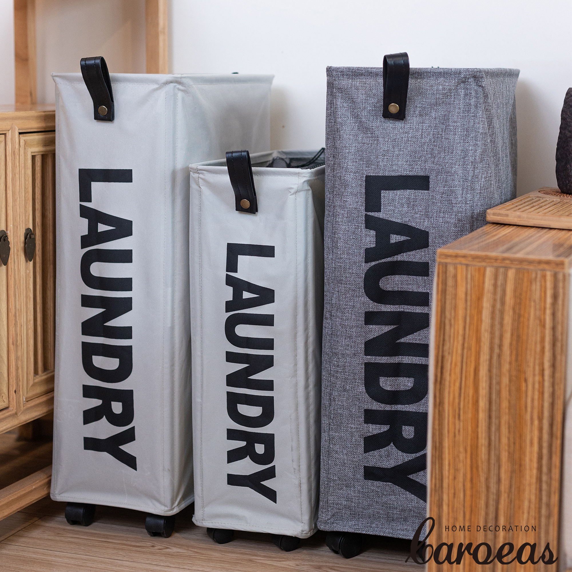 Caroeas x-Large Slim Laundry Baskets 27" Tall with Leather Handle, Laundry Basket on Wheels , Collapsible Laundry Hamper, Rolling Hamper Dorm Baskets (Pink)