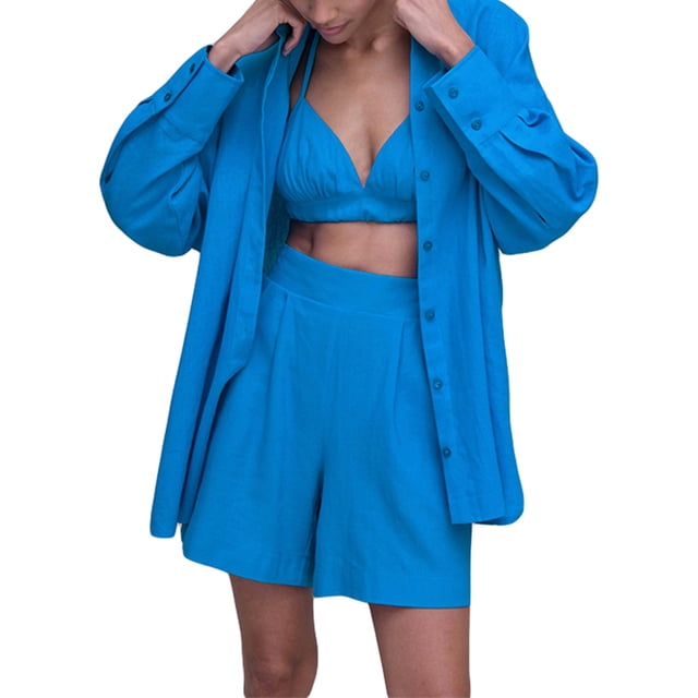 Nituyy 3Pcs Female Suitset, Solid Color Lapel Long Sleeve Button-Down Shirt+ Halter Neck Vest+ Shorts
