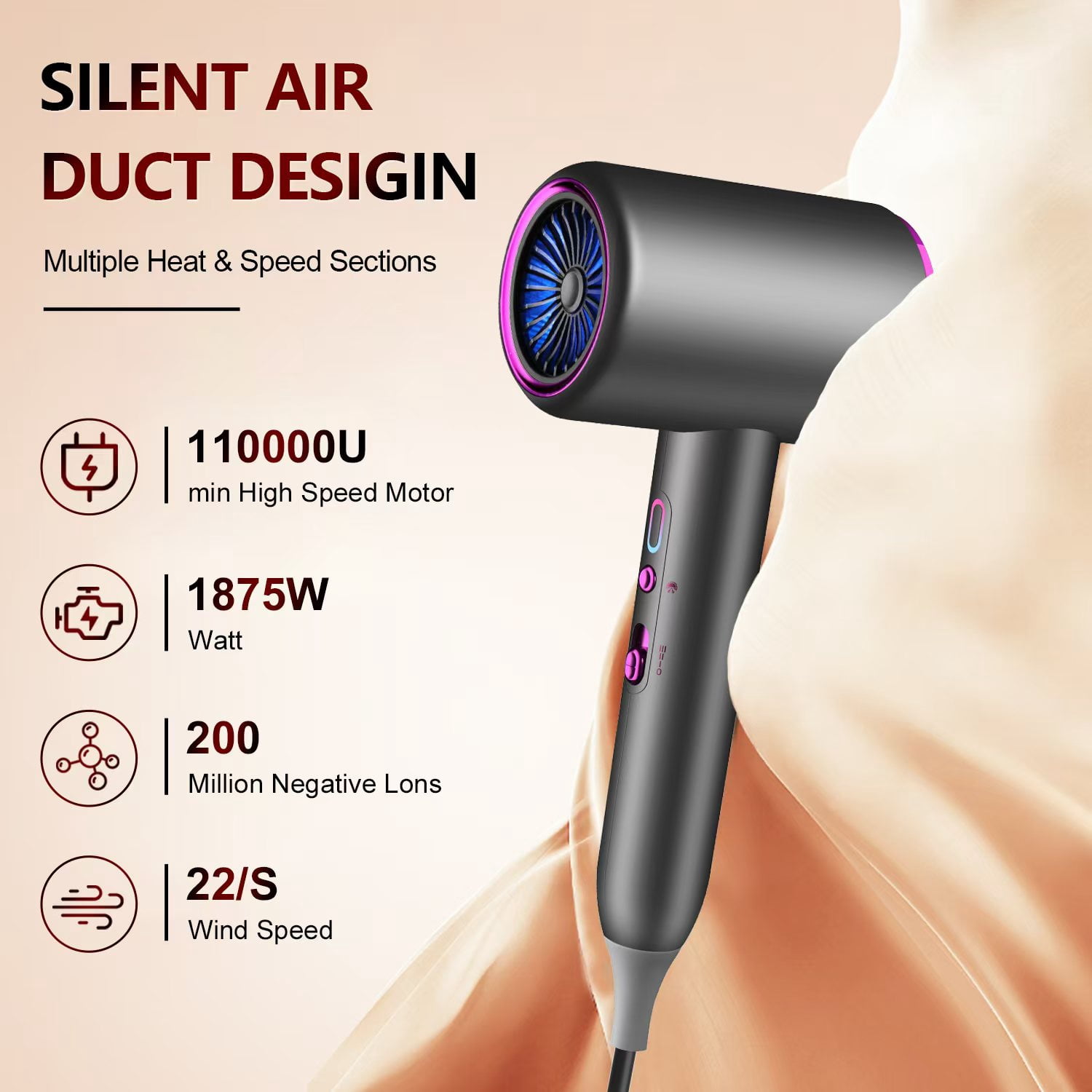 Professional Hair Dryer with Diffuser, 1875W Blow Dryer Ionic Hair Dryer for Women with Constant Temperature 2 Heat & 3 Speed Se