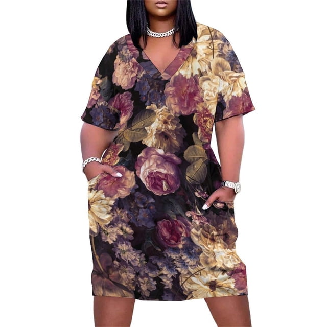 Vestido de 3 bolsos para mujer con flores barrocas antiguas y exuberantes en medio del jardín botánico nocturno.
