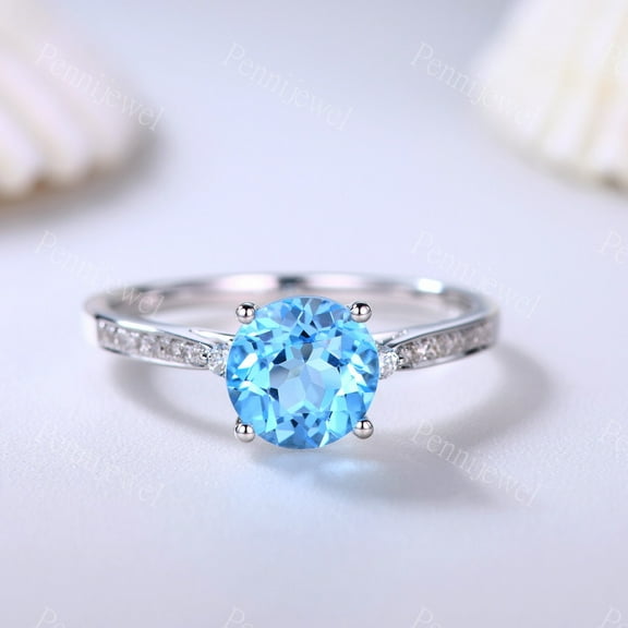 7mm Round Cut Swiss Blue Topaz Engagement Ring 925 Sterling Silver Ring