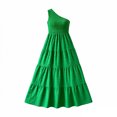 thumbnail image 7 of IUYRTFE Women's One-Shoulder Tiered Maxi Dress – Solid Green Flowy Long Gown for Summer Parties and Vacations, 7 of 7