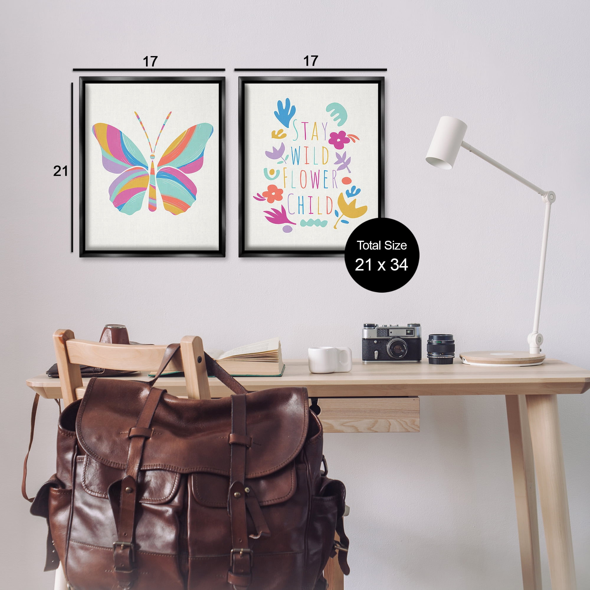 Stupell Industries Stay Wild Butterfly Text & Numbers Painting Black Floater Framed Canvas Art Print Wall Art, 17 x 21, Set of 2