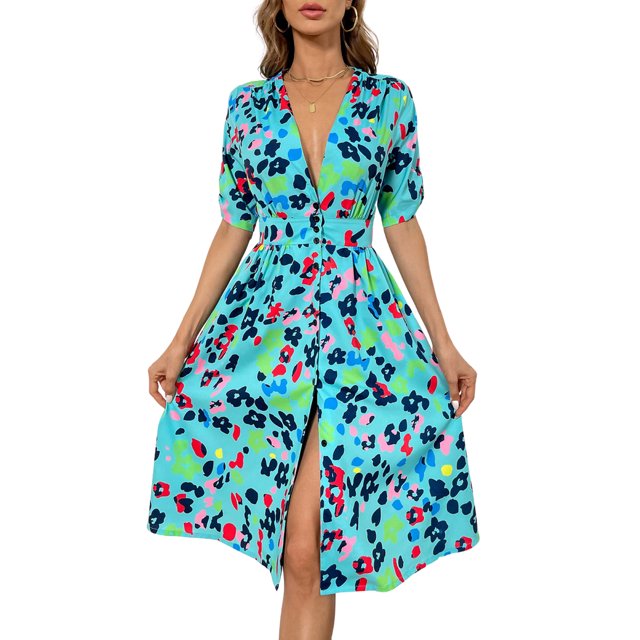 VISgogo Vestido con escote en V profundo para mujer, estampado floral, manga corta, con botones, de una pieza, azul/verde VISgogo moda
