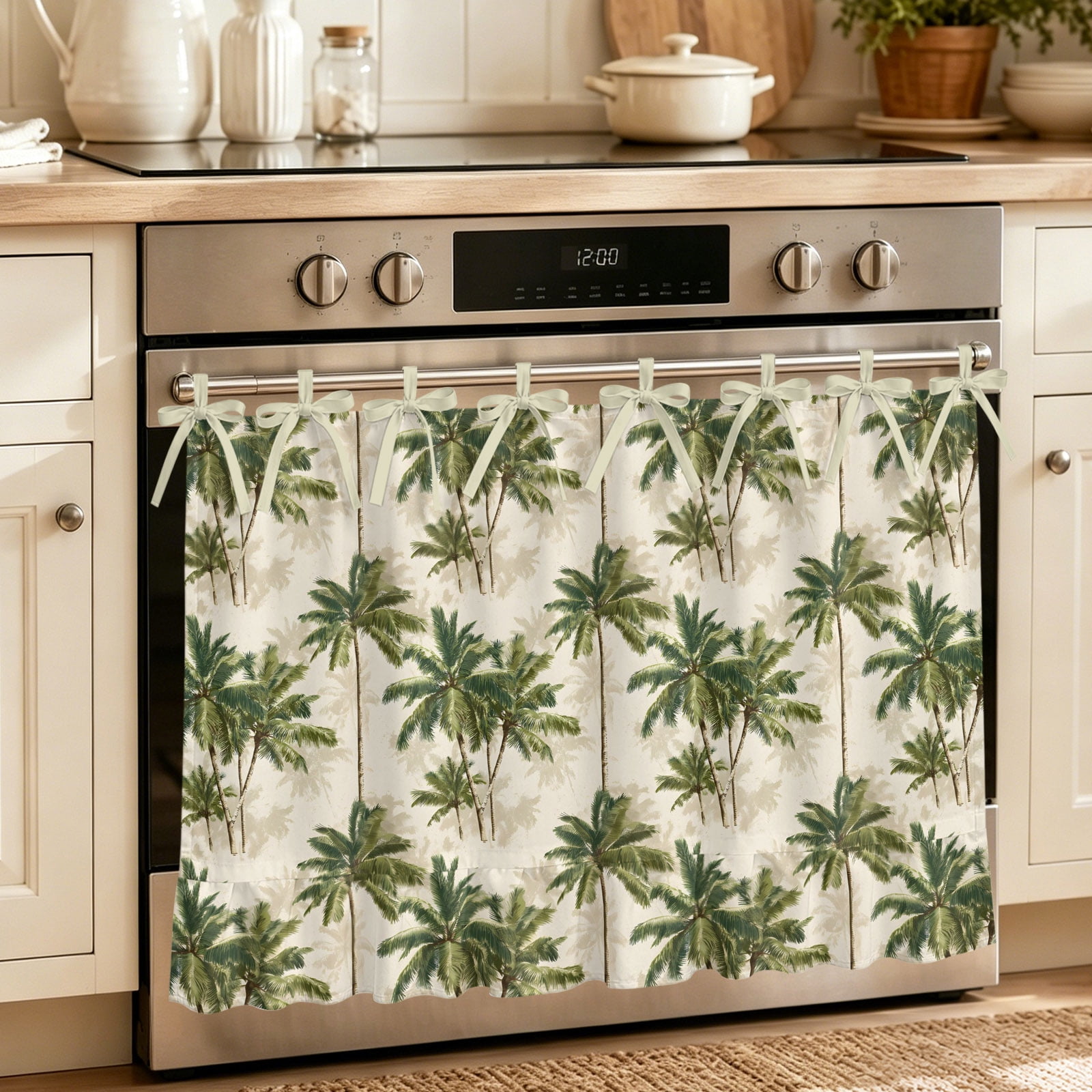 Rustic Palm Trees Oven Skirt for Farmhouse Kitchen D&eacute;cor Tropical Summer Botanical Watercolor Oven Curtain Tie Top Decorative Stove Skirt Cabinet Dish Washer Curtains with 8 Ribbon Ties 32 x24