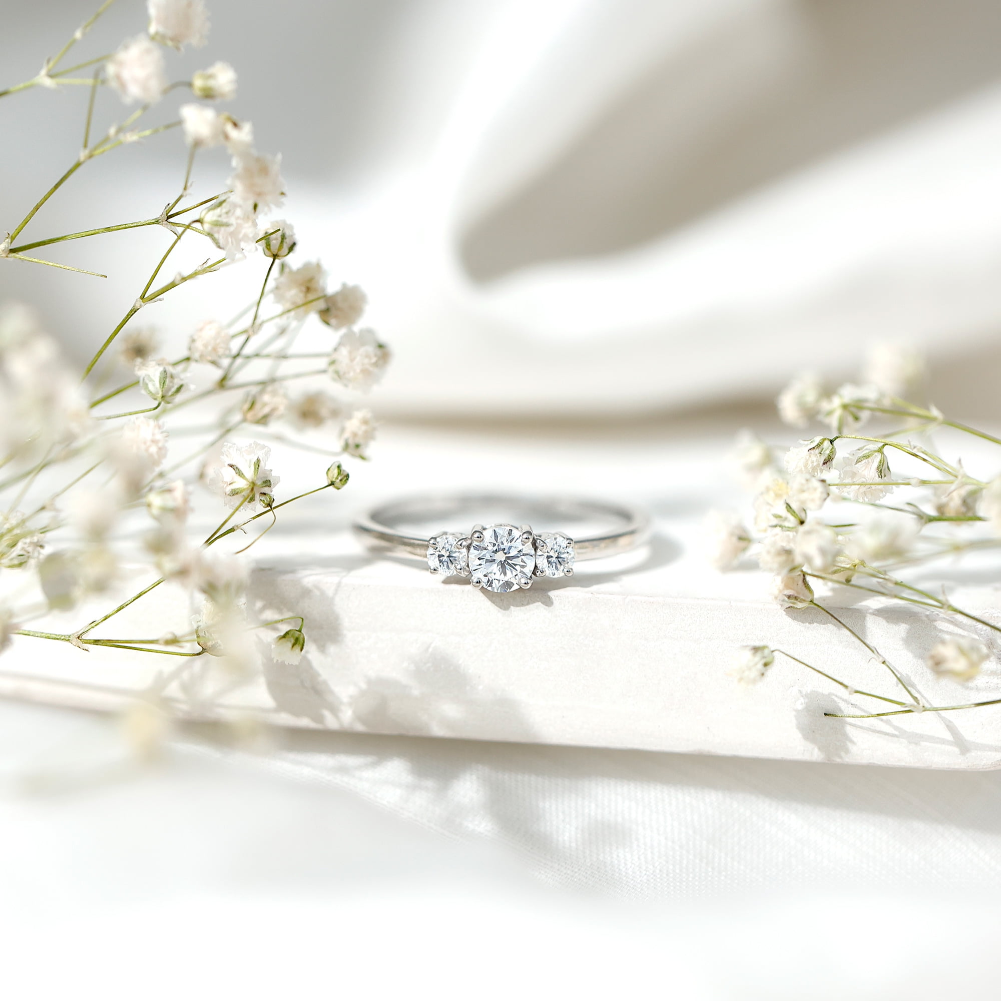 Rosec Jewels Lab Diamond 3 Stone Engagement Ring for Women - Past Present Future Ring - EF-VS Grade, 10K White Gold, US 4.50