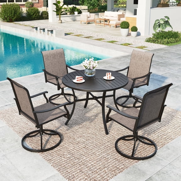 SUMMIT LIVING 5-Piece Outdoor Patio Dining Set with Swivel Chairs and 42" Steel Round Table with Umbrella Hole, Black & Grayish-brown