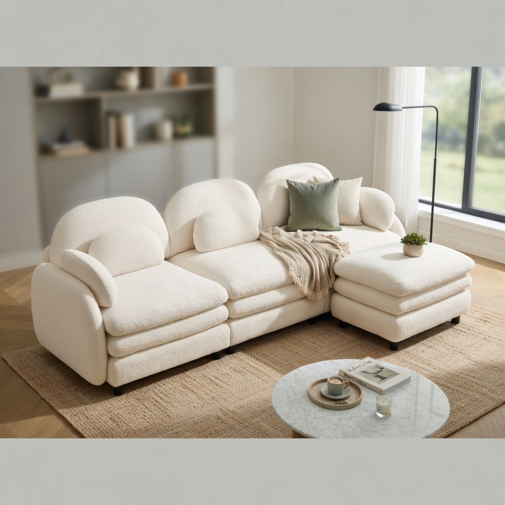Hommoo Teddy Fleece 2-Seat Modular Sofa with Curved Backrest, Cloud-Like Double-Layer Cushions & 2 Movable Ottomans, Living Room Sectional Couch, Beige