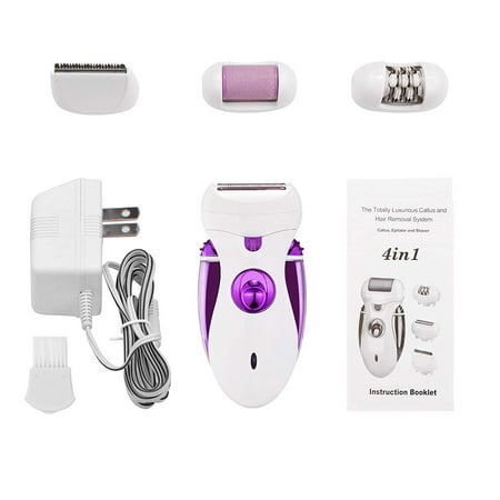 GLiving 4 IN 1 Lady Electric Shaver Set, Cordless Rechargeable Epilator with 3 Different Razor Head, Waterproof Hair Removal Trimmer for Woman, Body, Leg,