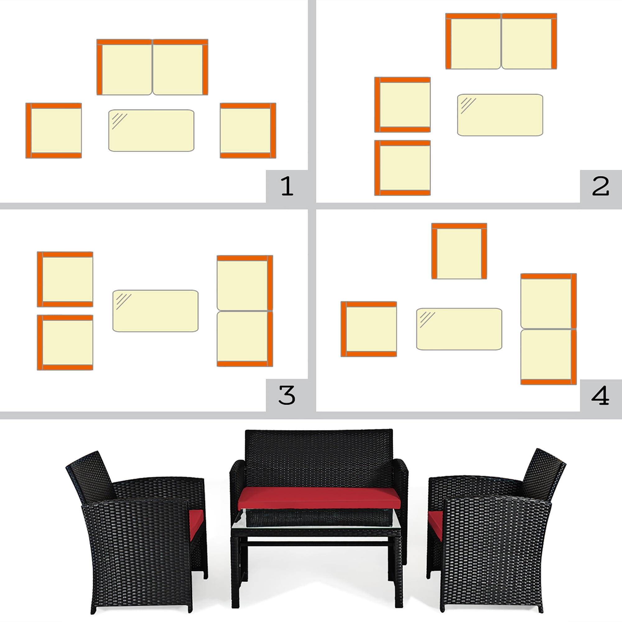 Costway 8PCS Patio Rattan Furniture Conversation Set Cushion Sofa Table Garden Red