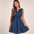 thumbnail image 2 of Women's Navy Blue Large Sleeveless Denim Mini Dress Summer Casual Tiered Cowgirl Country Chambray, 2 of 6