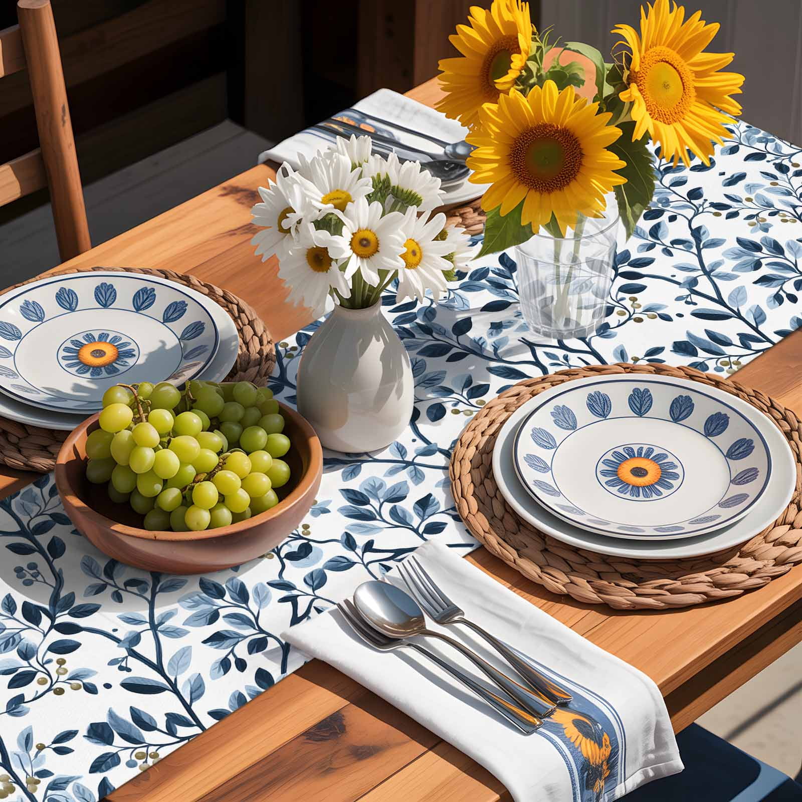 Farmhouse Vintage Branches Table Runner 90 Inches Long, Country Blue Leaf Fruit Table Runners Tabletop Scarf Kitchen Dining Tables Decoration for Home Party Indoor Outdoor
