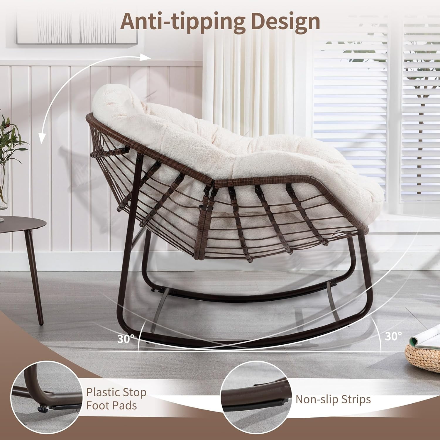 MOONMISS Outdoor Patio Rattan Oversized Rocking Chairs Set of 2 with Teddy Padded Cushion-White