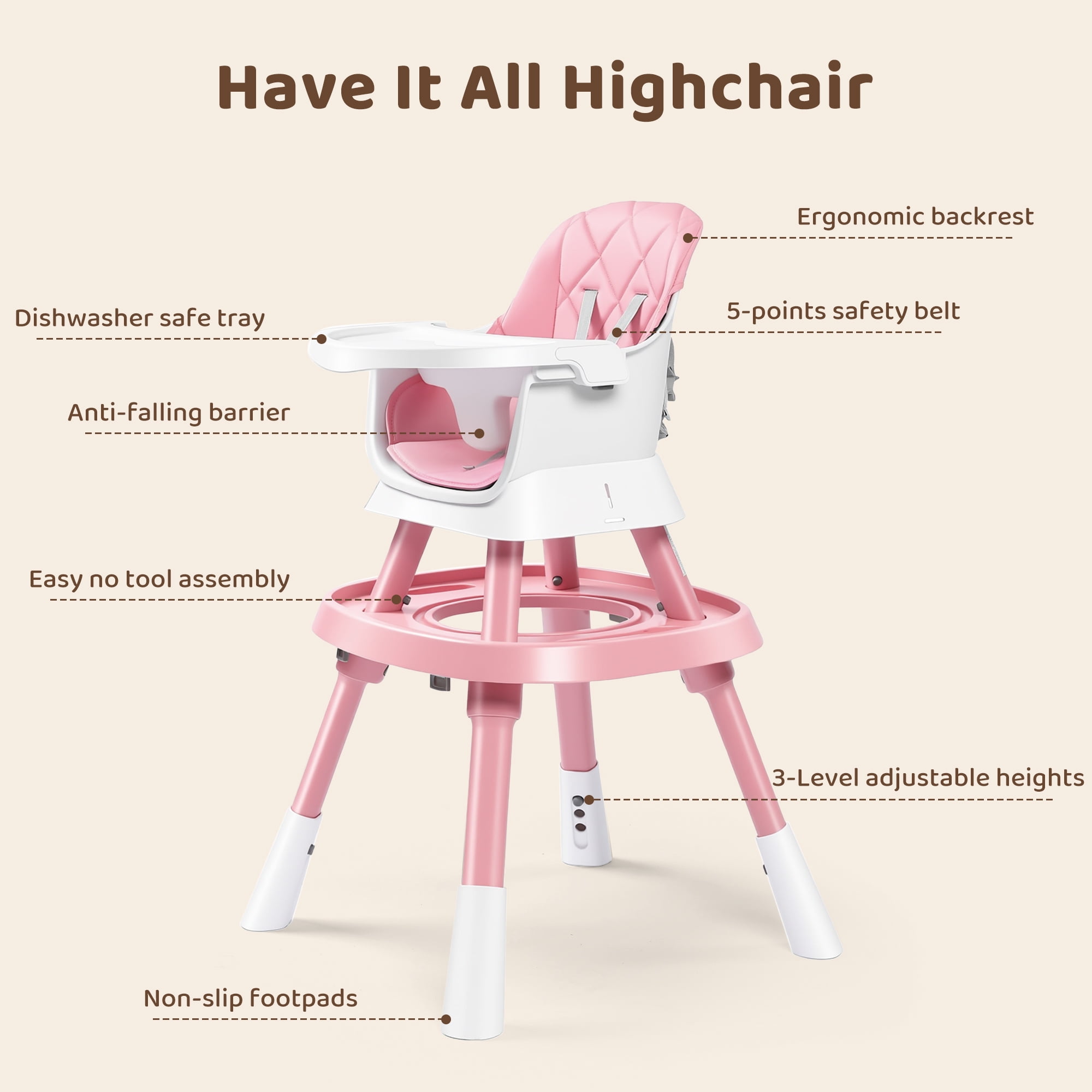 AILEEKISS 15-in-1 Baby High Chair, Toddler Dining Booster Seat with Activity Center, Pink