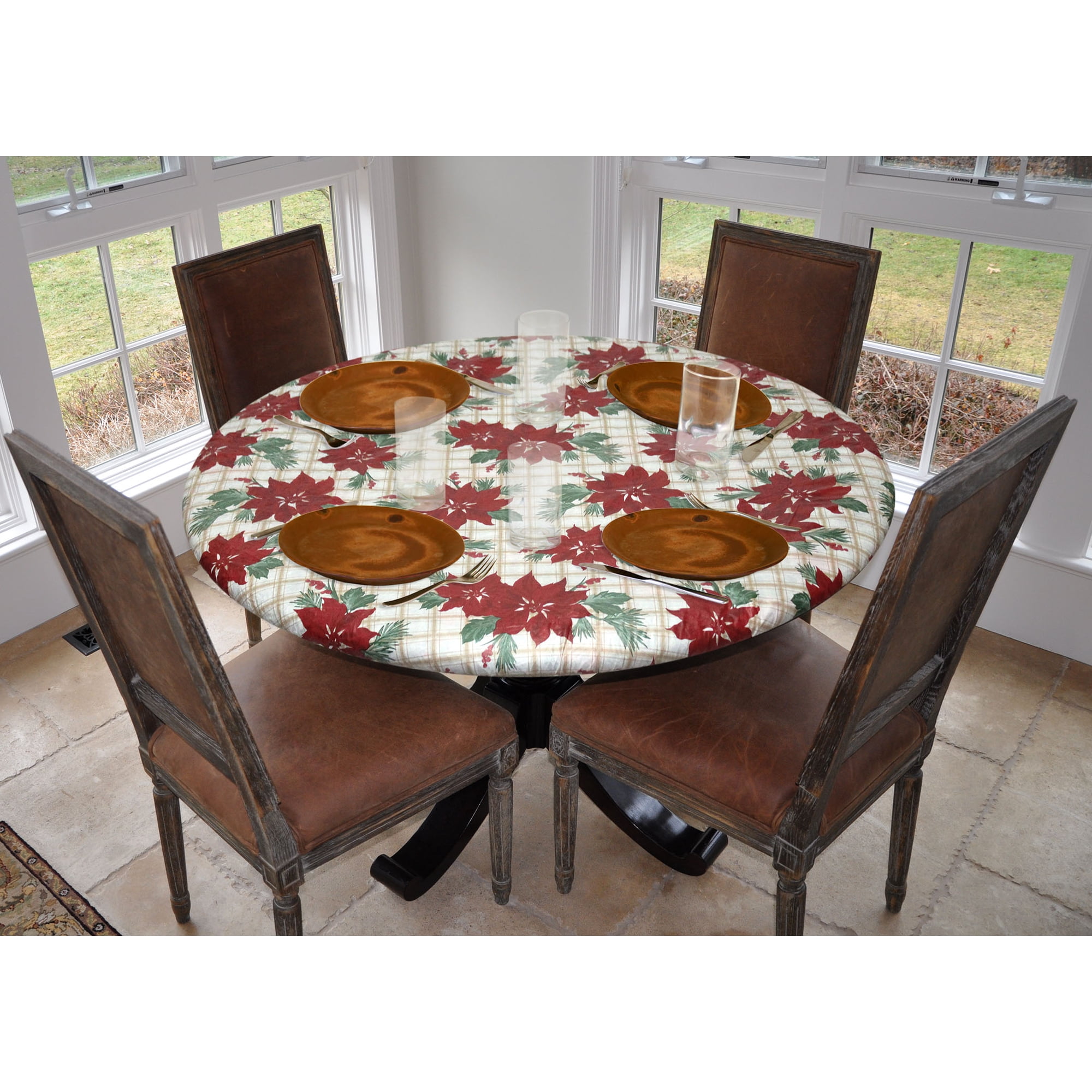Covers For The Home Deluxe Elastic Edged Flannel Backed Vinyl Fitted Table Cover - Christmas Flower / Poinsettia Pattern - Small Round - Fits Tables up to 40 - 44 Diameter (ETCF48)