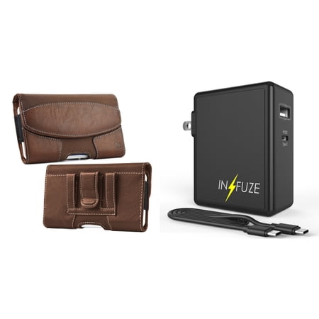Holster and Wall Charger Bundle for TCL Stylus 5G: Nylon PU Leather Hybrid Belt Pouch Case (Brown) and 45W Dual USB Port PD Power Delivery Type-C and USB-A Power Adapter