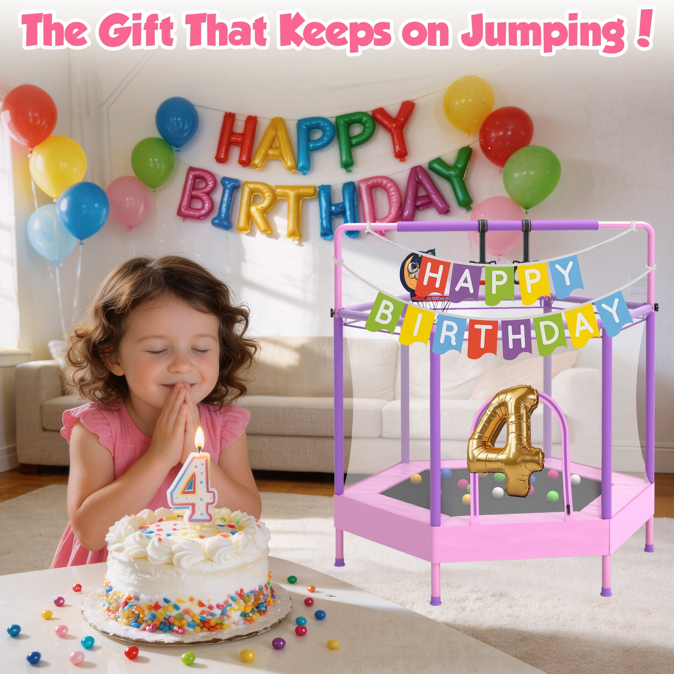 60" Mini Trampoline for Kids with Enclosure, Shinpt Indoor & Outdoor Toddler Trampoline, Upgrade Full Anti-Rust Tube with Adjustable Gymnastics Bars, Small Trampoline for Boys & Girls