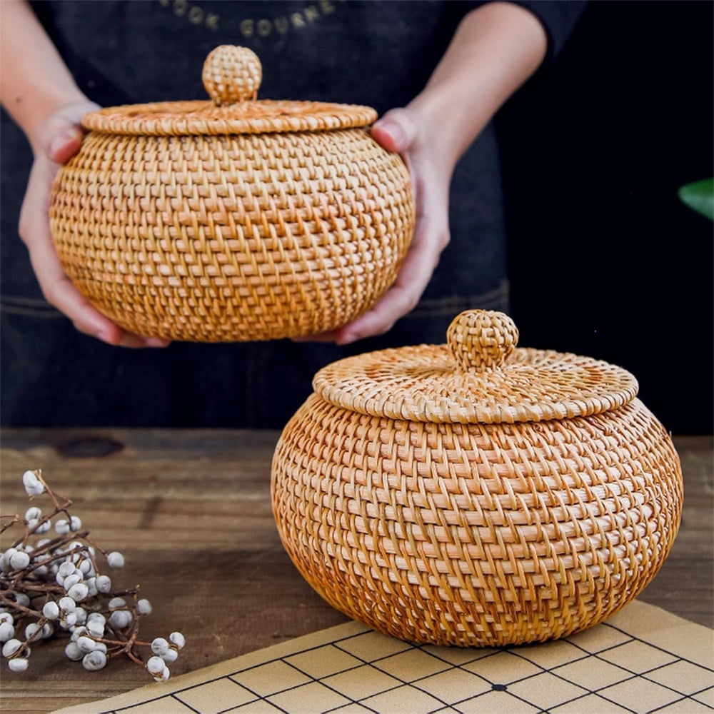 Round Rattan Basket Box with Lid, NOGIS Small Handmade Woven Storage Basket, Multi-purpose Wicker Bowl Decorative Organizer for Shelf, Home, Bathroom Decor（Style A）