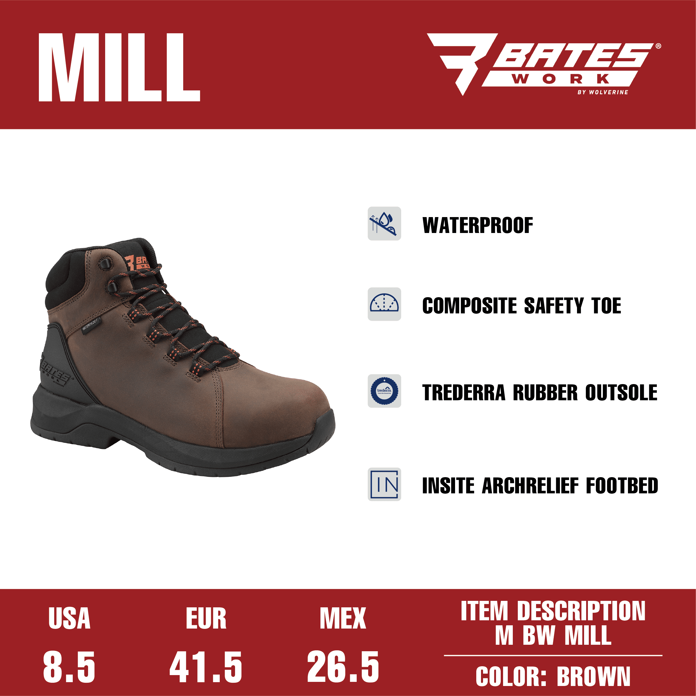 Bates Work by Wolverine Men's Mill Waterproof Comp Toe Work Boot