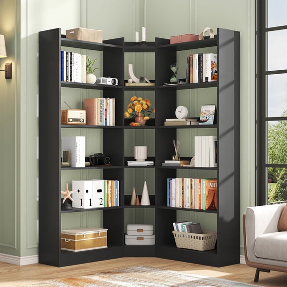 Spacesea Triple Wide Corner Bookcase with 15 Cube, 6-Tire Bookshelf Display Storage Cabinet, Modern L-Shape Shelf Living Room Furniture for Home Office, Black