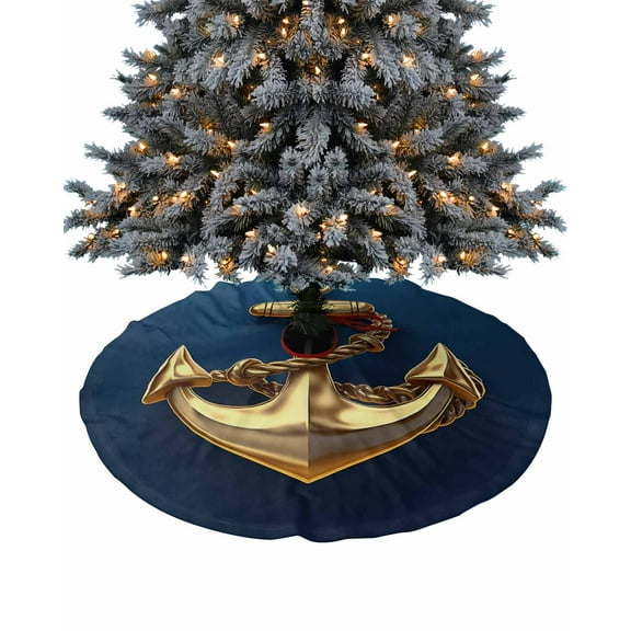 Yellow Anchor Christmas Tree Skirt 48 Inches Large Christmas Skirt Tree, Coastal Nautical Anchor Navy Blue Tree Skirt Christmas Decorations for Fireplace Party Holidays Indoor Outdoor