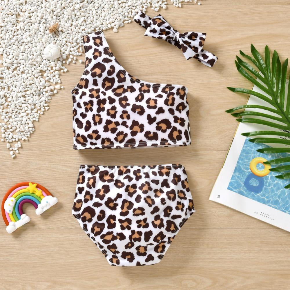 Onavy Kids Baby Girls 3pcs Leopard One Shoulder Vest Panties Bowknot Bikini Set Swimsuit Bathing Suit 