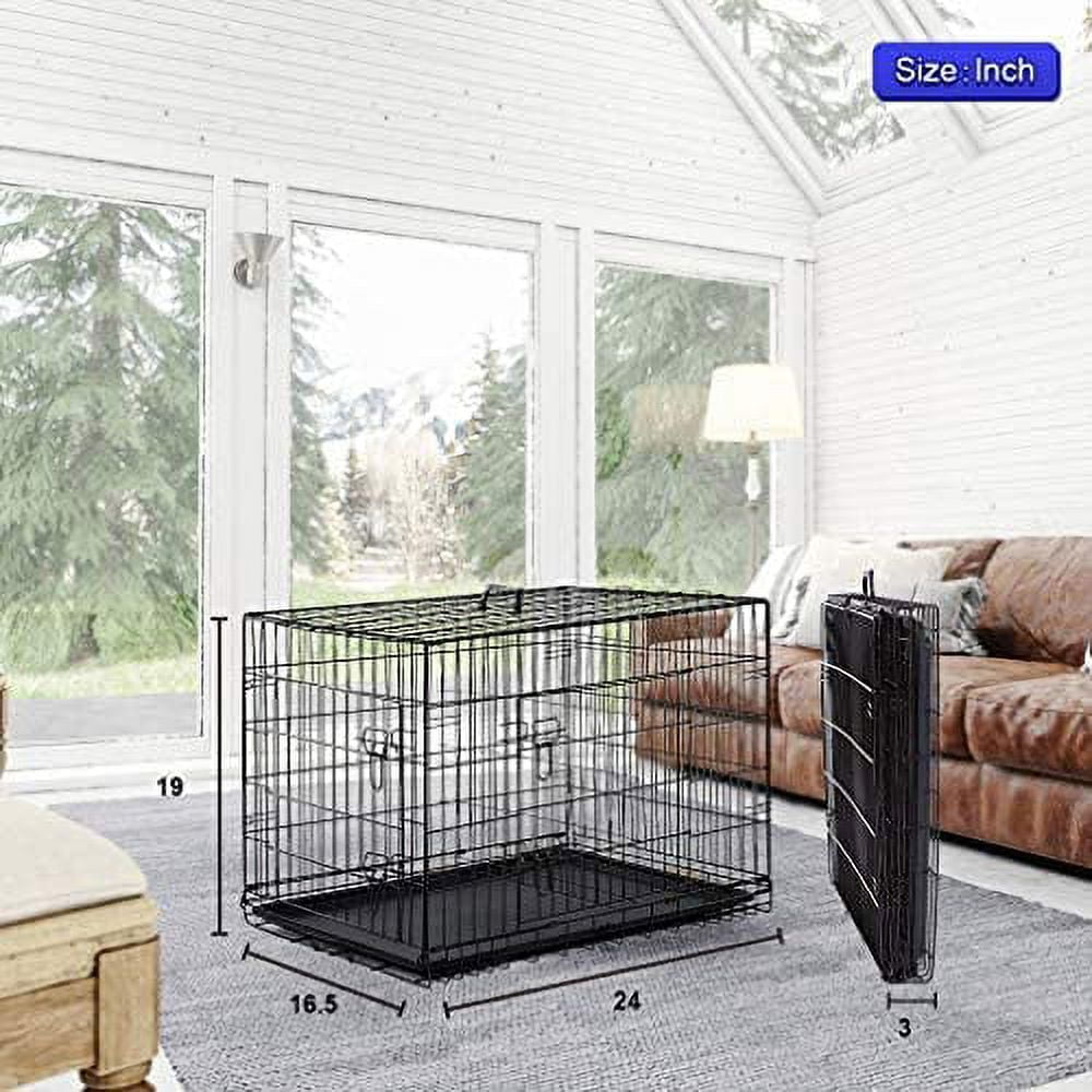 Bestpet 24 inch Black Foldable Metal Double Door Dog Crate with Divider Removable Tray for Small Dogs