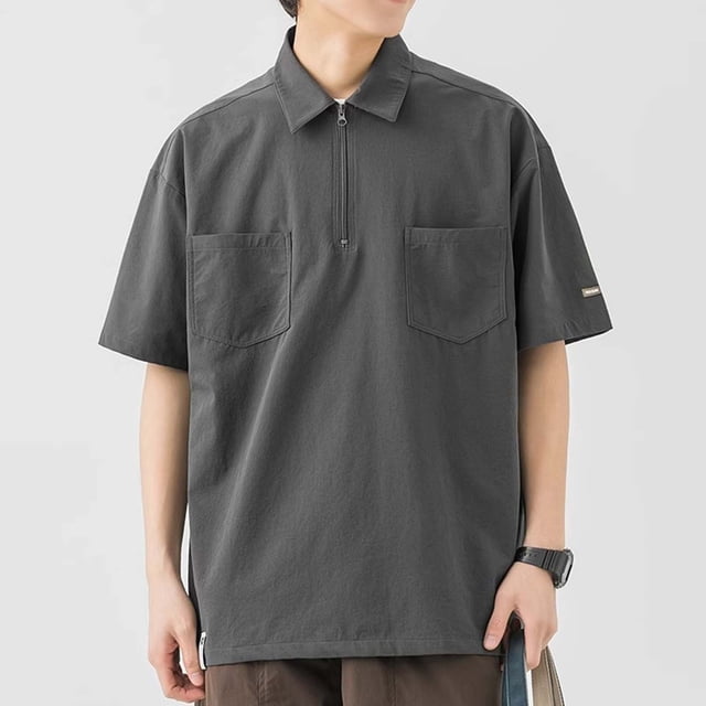 pstuiky camisetas de hombre, Camisa de manga corta con cuello vuelto, holgada, informal, con bolsillos y cremallera, de color liso y a la moda para hombre camisetas de hombre m