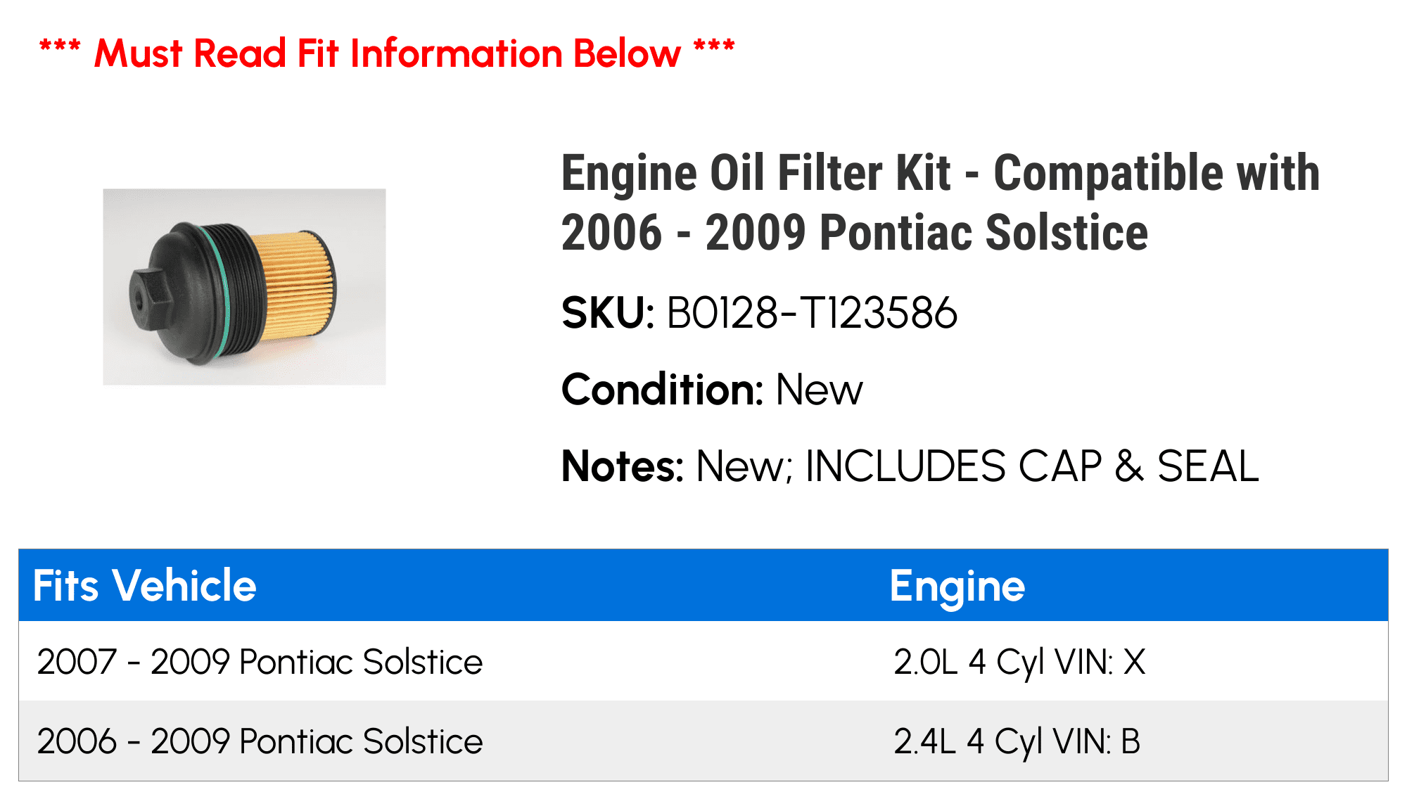 Engine Oil Filter Kit - Compatible with 2006 - 2009 Pontiac Solstice - AC Delco