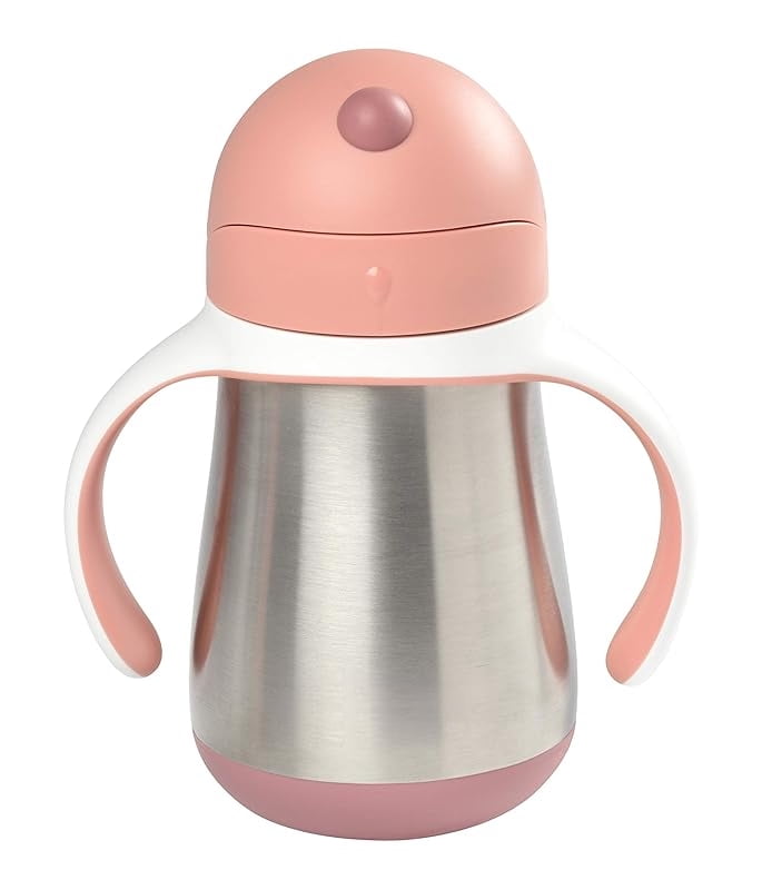 Stainless Steel Straw Sippy Cup, Insulated Toddler Cups Spill Proof with Removable Handles, Made with High Grade Stainless Steel, 8+ months, 8.5 oz, Rose