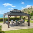 thumbnail image 1 of Sunjoy Gazebo Tonnelle Extérieur 4 m x 4.5 m à Toit Rigide, Structure en Aluminium Effet Bois avec Toit en Acier à Deux Niveaux et Crochet, 1 of 14