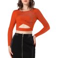 thumbnail image 6 of MODA NOVA Junior's Long Sleeve Crew Neck Cut Out Glitter Crop Tops Orange M, 6 of 6