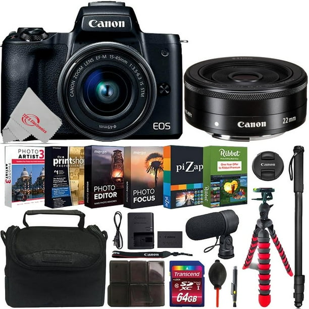 Canon Eos M50 Mirrorless Digital Camera Black With 15 45mm Canon Ef M 22mm F2 Stm Lens 64gb Kit Walmart Com Walmart Com