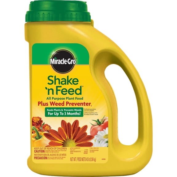 Miracle-Gro 103836 Shake 'N Feed Plus All-Purpose Weed Preventer, 4.5 Lbs
