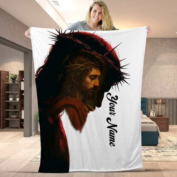 Personalized Jesus Crown Of Thorns Blanket, Christian Religious Cozy Throw, Faith Gift for Men & Women, Inspirational Jesus Fleece & Sherpa Blanket with Custom Name