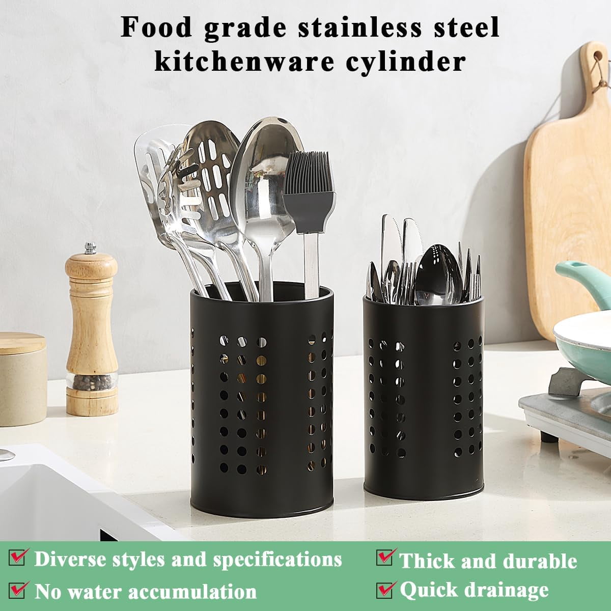 Kitchen Utensils Holder for Counter Top 2 Pieces, Black Stainless Steel Cutlery Holder, Kitchen Essentials Farmhouse Style Home Countertop Organizer