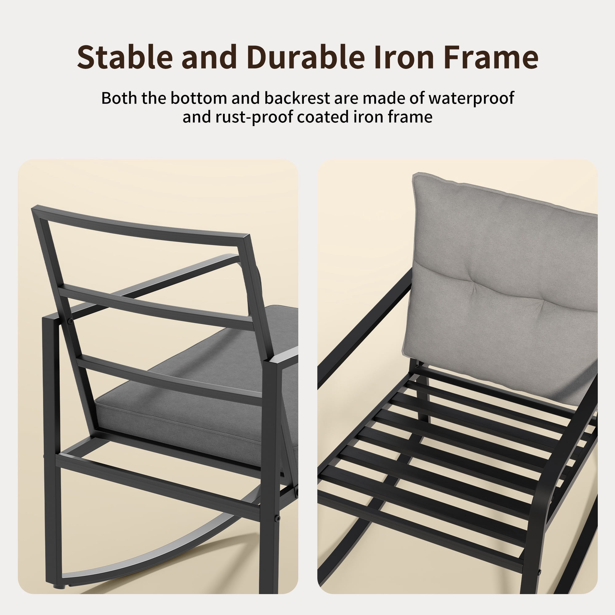 Patio Furniture Set, Rocking Bistro Set Chair with Coffee Table for Balcony, Backyard, Gray