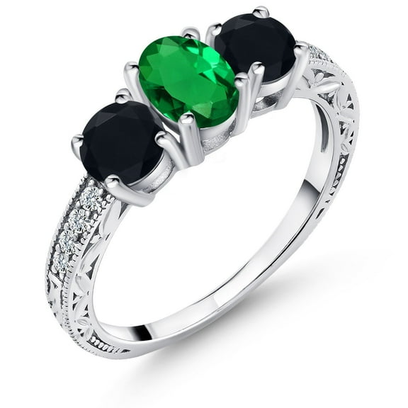 Gem Stone King 1.67 Ct Oval Green Nano Emerald Black Onyx 925 Sterling Silver Ring (Size 5)