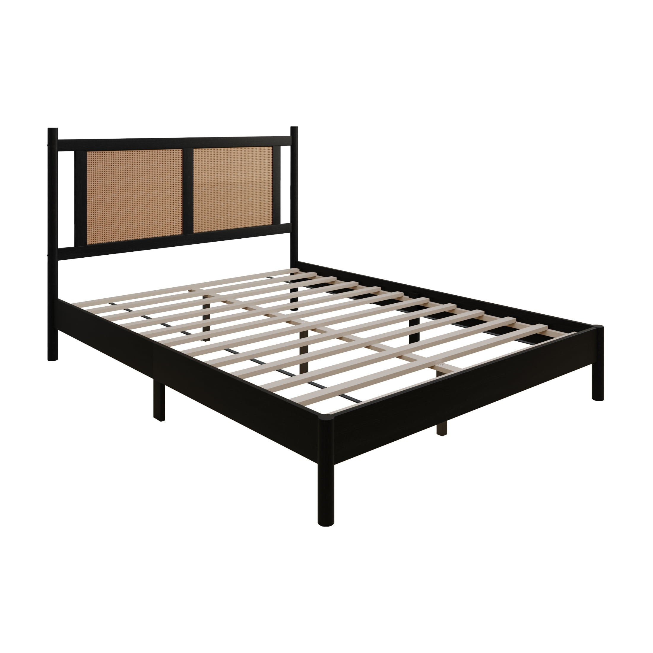 Castle Place Rattan Full Wooden Platform Bed, Black