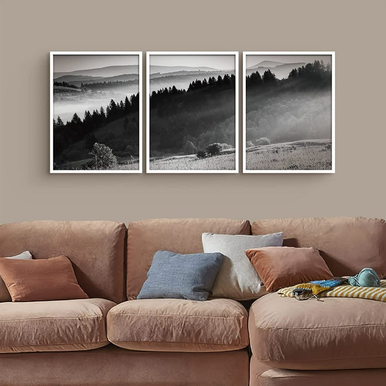 PixonSign Framed Canvas Print Wall Art Set - Sage Green Mountain Range Pine  Tree Forest Art - Set of 3 Nature Wilderness Landscape Wall Décor for