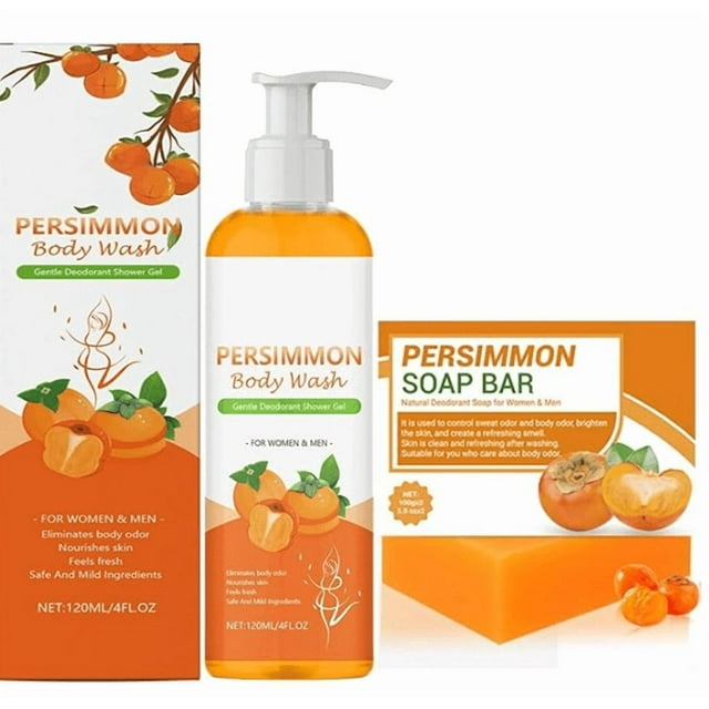 Jabón de caqui. Set de ducha de caqui. Jabón desodorizante que elimina la suciedad y la grasa y no reseca los caquis. Set de gel de ducha de caqui.