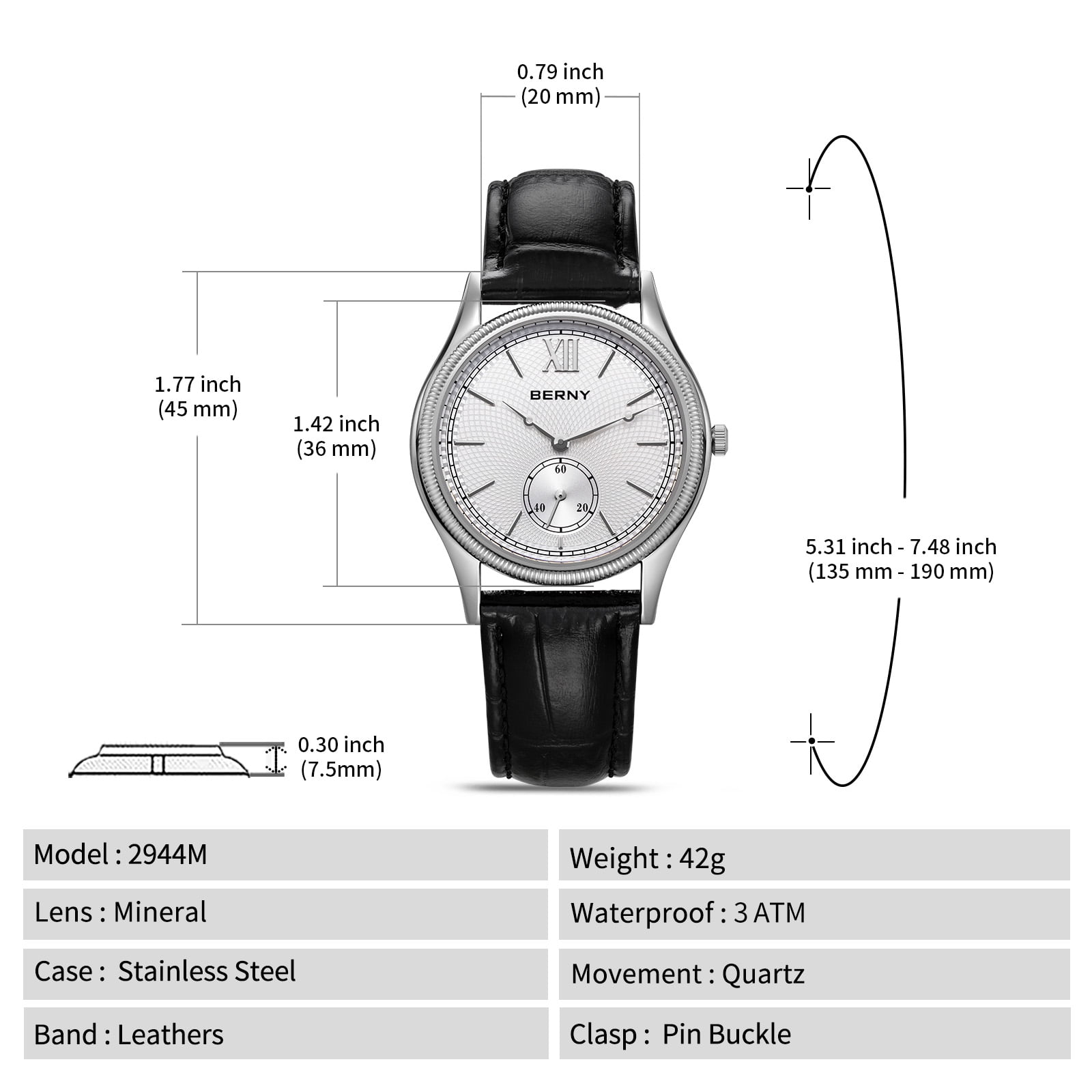 BERNY Silver Watch for Men, Ultra-Thin Minimalist Leather Watch, Stainless Steel Case, Waterproof Analog Quartz Watch, Business Dress Watches with Small Seconds (White)