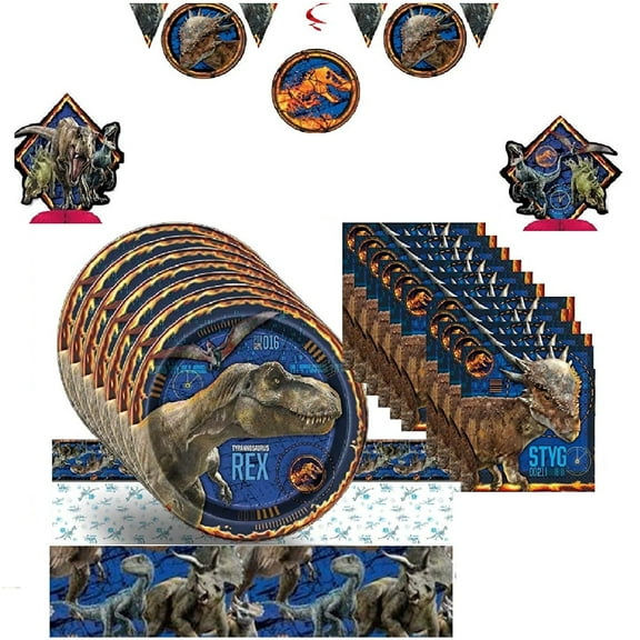 Jurassic World Birthday Party Supplies Bundle includes16 Plates, 16 Napkins, 1 Table Cover, 7 Piece Decoration Kit includes 2 Mini Honeycomb, 4 Hanging Swirl Decorations and 1 Flag Banner