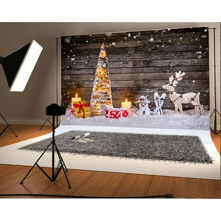 Image of GreenDecor 7x5ft Christmas Decoration Tree Backdrop Gifts Box Reindeer Snowman Candles Snowing Vintage Stripes Wood Plank Photography Background Kids Children Adults Photo Studio Props