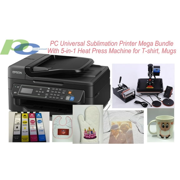 PC Universal Sublimation Bundle with Printer, 5-in-1 Heat Press Machine & T-shirts & Assorted Mugs, Transfer Paper, Heat Tape, ALL INCLUDED
