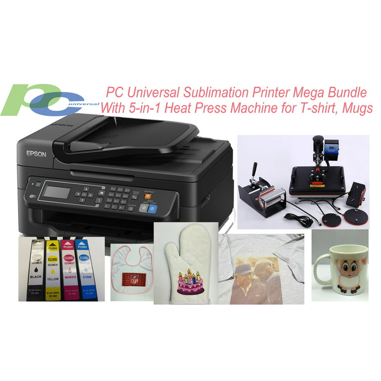 PC Universal Sublimation Bundle with Printer, 5-in-1 Heat Press Machine &  T-shirts & Assorted Mugs, Transfer Paper, Heat Tape, ALL INCLUDED