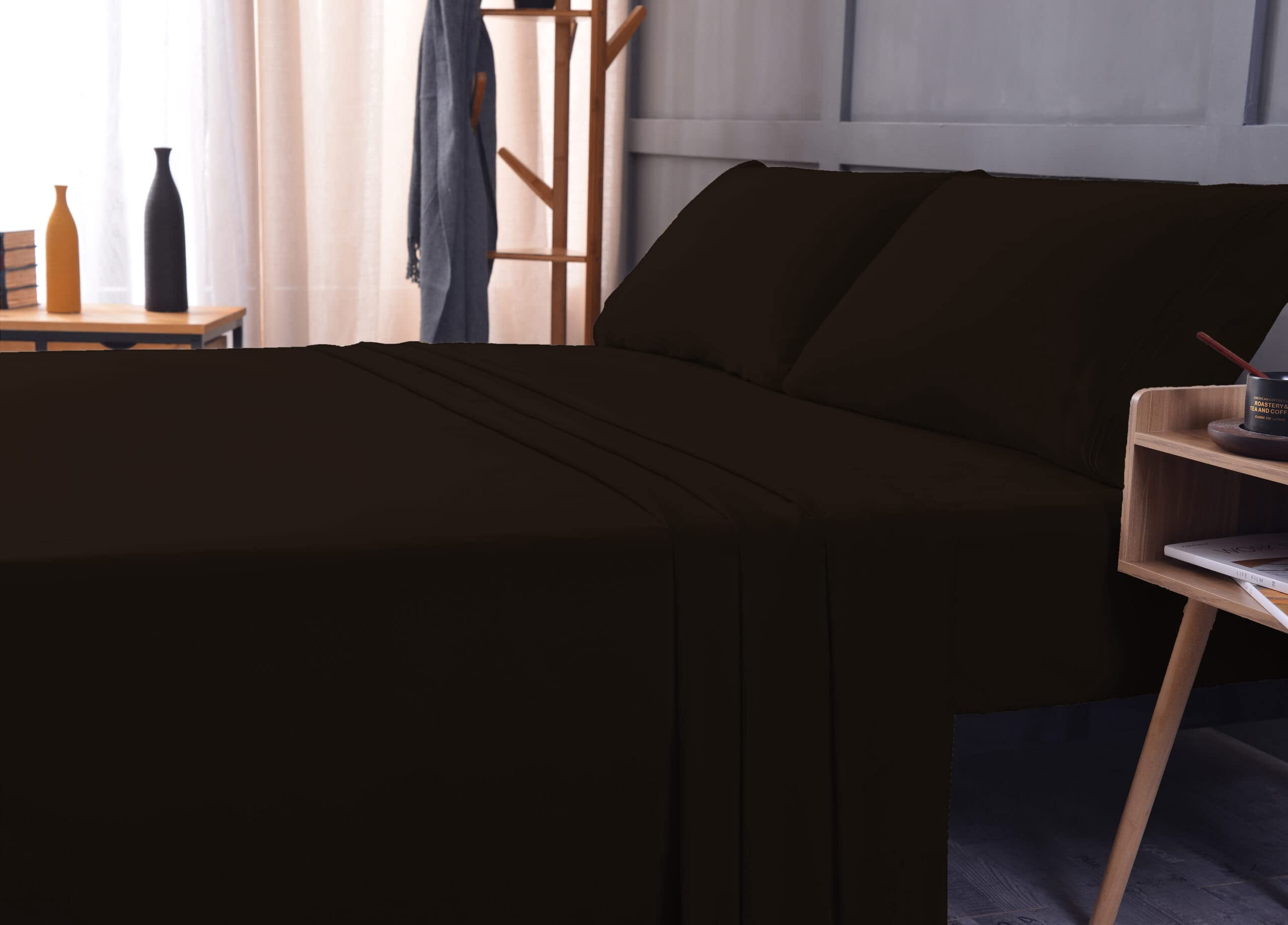 the Season Essentials Wrinkle Free Sheet Sets with Deep Pockets & Stain Resistant, 4 pc, 1800 Thread Count Bamboo Based, Brown, California King