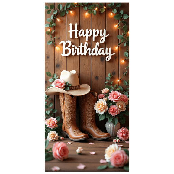Floral Decor Banner Western Cowboy Wooden Background for Birthday Party Celebration Event