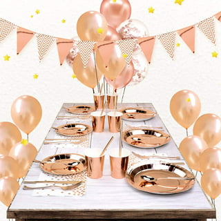 CENLBJ White and Rose Gold Paper Plates and Forks Set-25 * 7 Disposable Plates & 25 * 6.3 Plastic Forks for Wedding,Engagement,Birthday