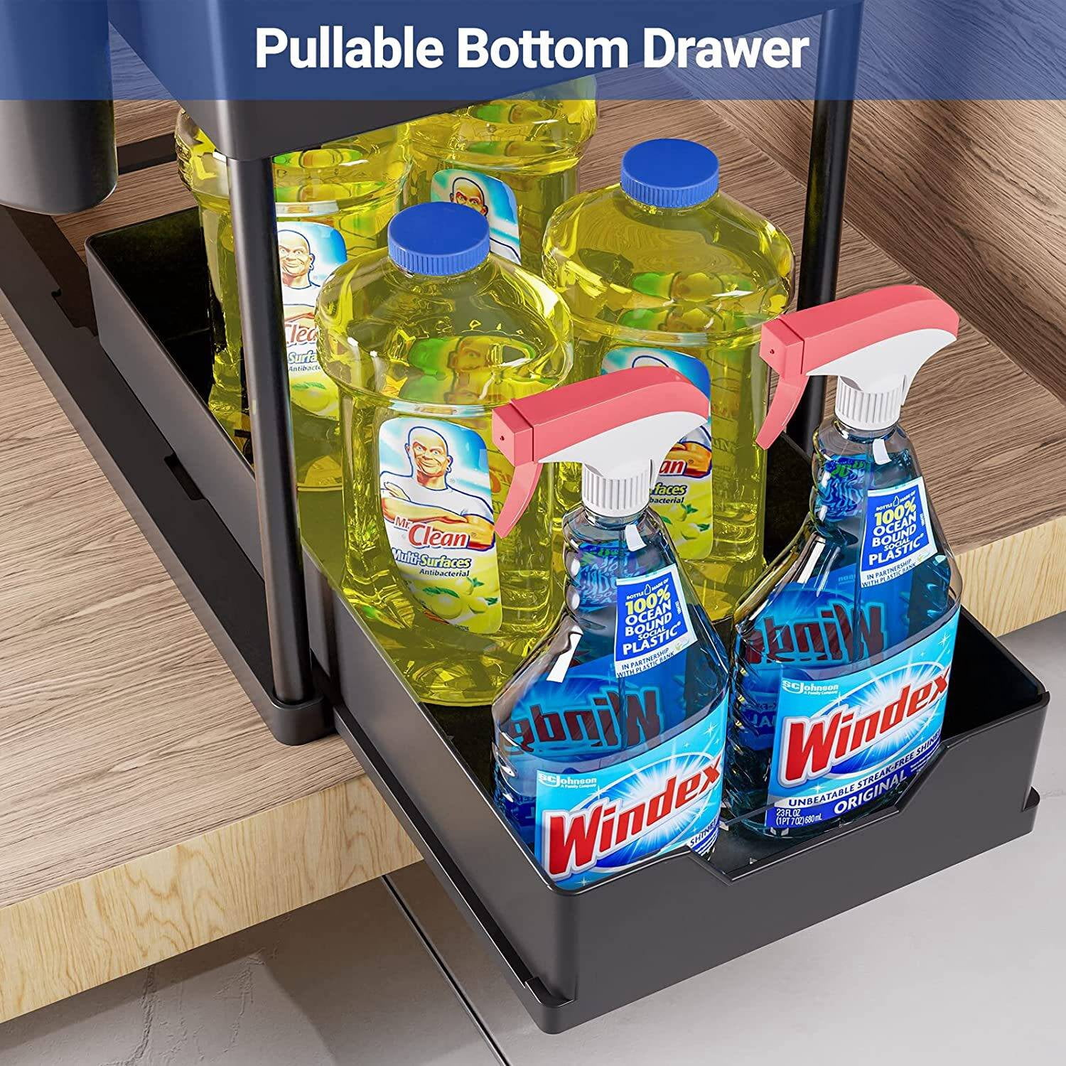 Goaxuzt Under Sink Organizer Storage with Sliding Drawer 2 Tier Cabinet Shelf for Bathroom Kitchen, Black